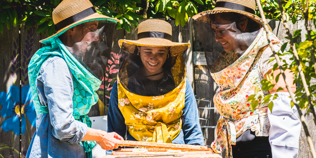 Beekeepers enjoying a hive inspection on a sunny day. They are all dressed in Bella Beek beekeeping veils.