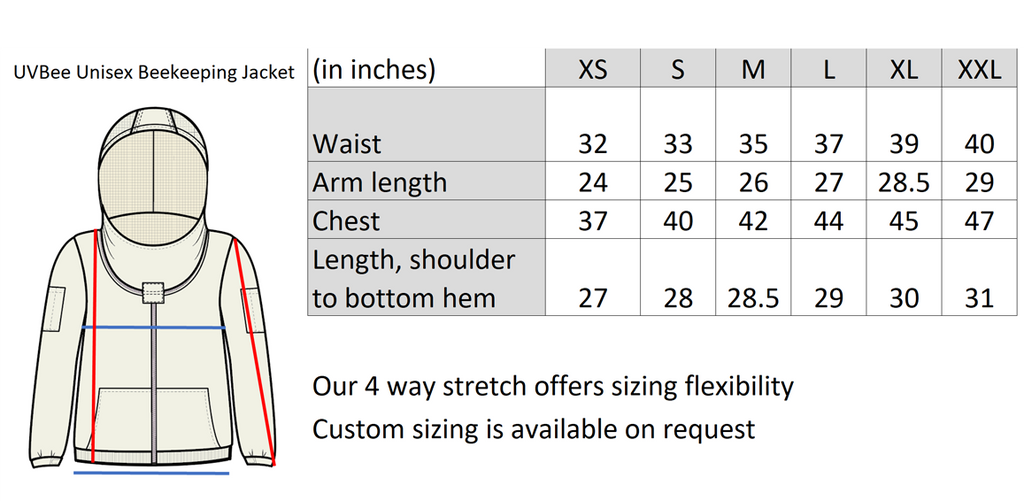 UVBee beekeeping jacket size chart.